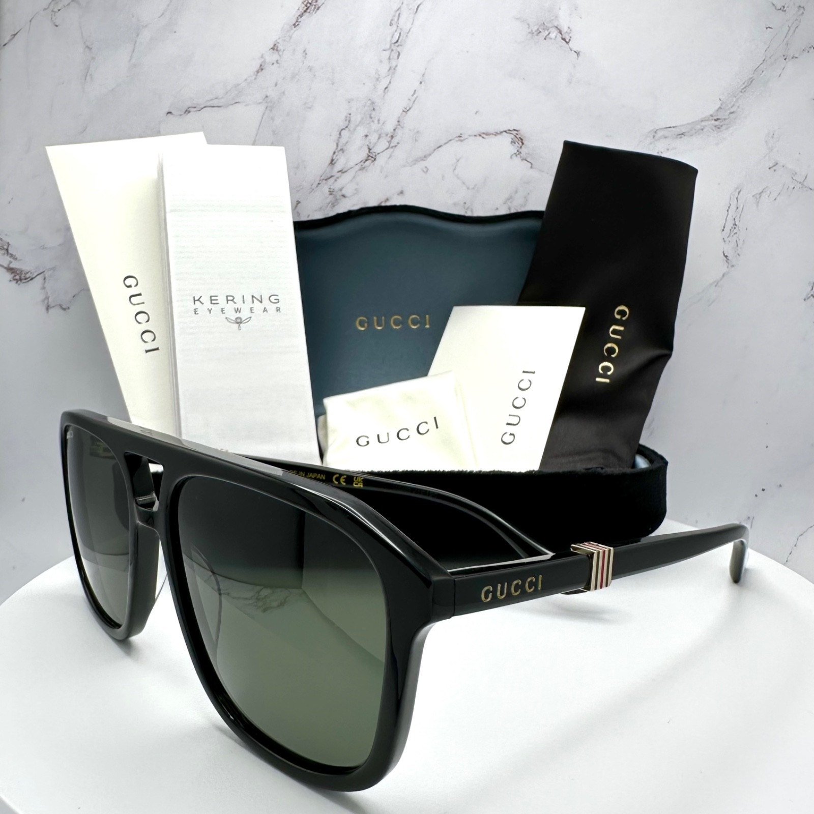 New Gucci Sunglasses Black Aviator Pilot Gold Logo Metal Red Green Web Gucci
